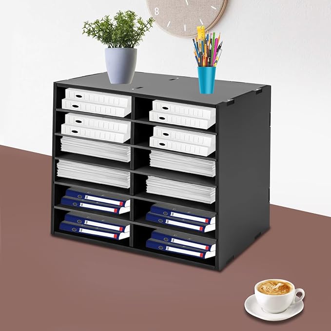 Literature Organizer 12 Slots, Compartments Mail Sorter Organizer, Adjustable Desktop File Organizer with Removable Shelves, Paper Organizer for Home Office School (Black, 12 Slots)