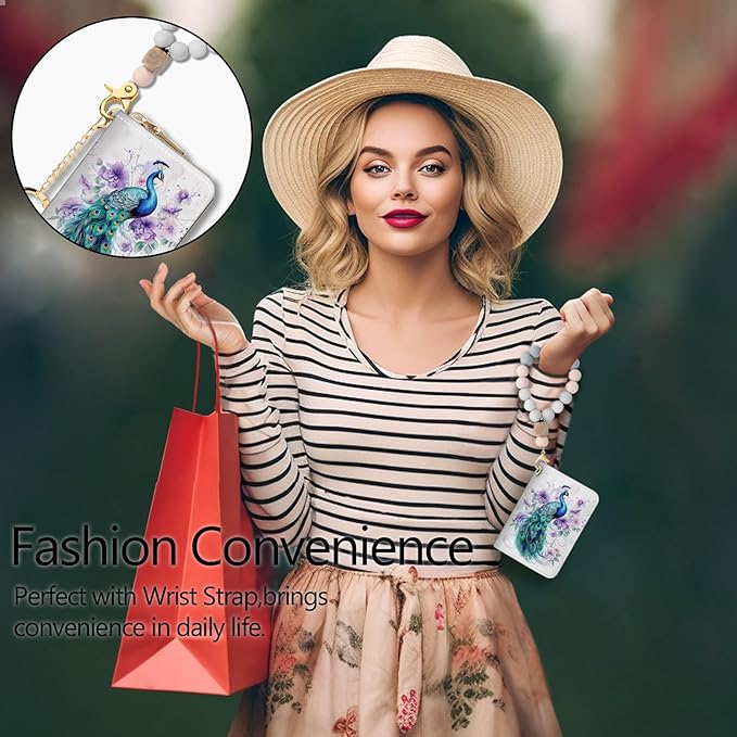 Blusabaca Credit Card Holder for Women, Peacock Small RFID Wallet with Zipper, Card Keychain Wallet, Leather Wallet Card Case, Business RFID Blocking Accordion Purse Wallet Gift