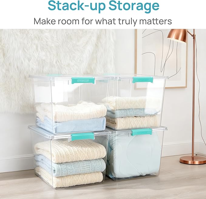 Vtopmart 4 Pack 72 QT Crystal Clear Storage Bins with Lids, 4 Pack Stackable Plastic Large Latching Boxes Totes Tubs Container for Closet Organizers and Storage, Bedroom, Clothes, Bedding