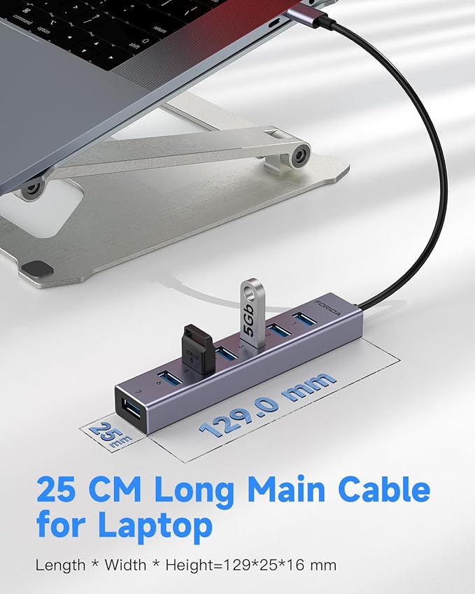 FORIDA USB C Hub-8 Port USB HUB with 7 USB3.0 Data Ports,Aluminum Alloy USBC Splitter with Type C 5V/3A Power Port Compatible with MacBook, iPad, Surface Pro, XPS, Laptop,PC (Gray,USB C-9.8in)