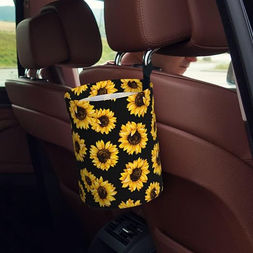 Car Garbage Bag Abstract Yellow Sunflower Mini Car Trash Bin Portable Collapsible Waterproof Rubbish Bag for Car Accessories Back Front Seat Cup Holder