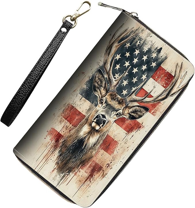 Womens Wallet,RFID Blocking Large Capacity Clutch,Zip Around Leather Purse with 8 Card Slots,Bill Compartments Coin Pocket - Vintage Deer American Flag