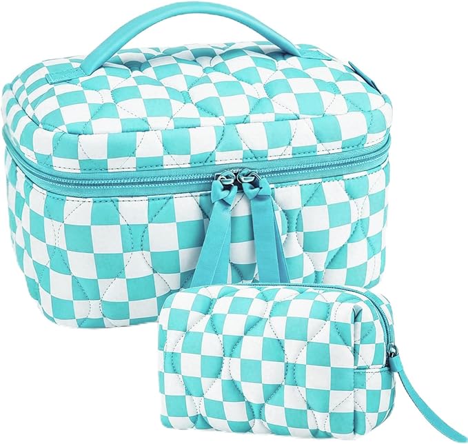 BAGSMART Travel Makeup Bag, 2-Piece Puffy Quilted Cute Make Up Bag Cosmetic Bags for Women, Large Wide-Open Toiletry Pouch Gifts for Toiletries Accessories Travelling Essentials, Checkered Blue