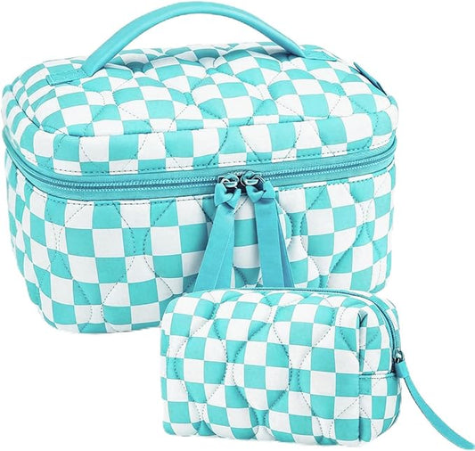 BAGSMART Travel Makeup Bag, 2-Piece Puffy Quilted Cute Make Up Bag Cosmetic Bags for Women, Large Wide-Open Toiletry Pouch Gifts for Toiletries Accessories Travelling Essentials, Checkered Blue