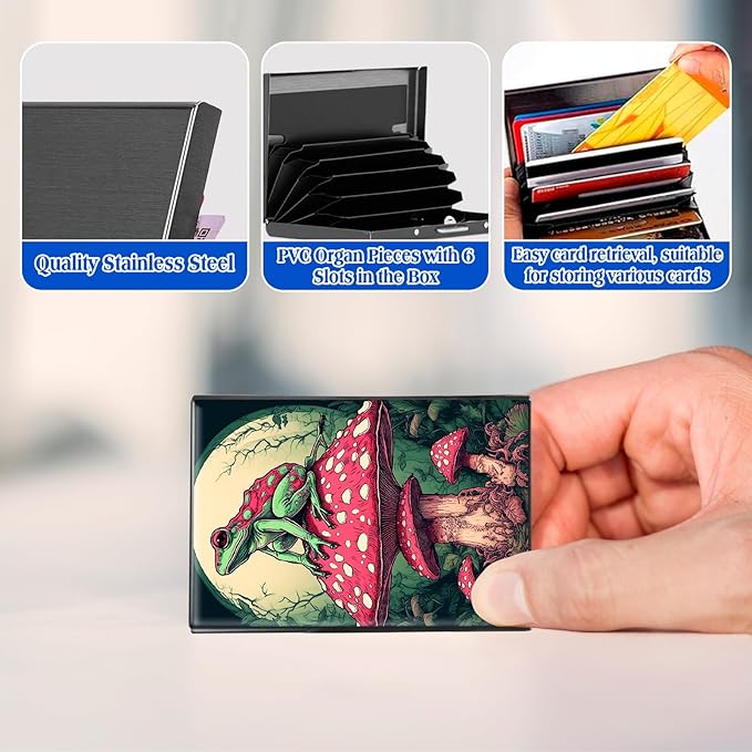 RFID Blocking Credit Card Holder - Slim Metal Wallet for Women & Men,Frog Sitting on Mushroom Design Stainless Steel Business Card Case,Compact Pocket Organizer for Travel & Daily Use