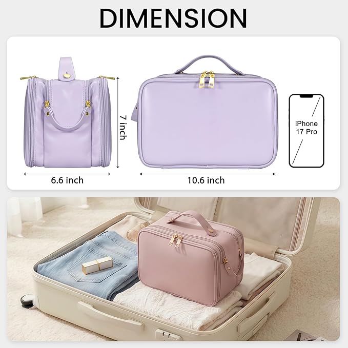 Travel Makeup Bag Women's Large Capacity Cosmetic Portable Organizer Large Opening Waterproof Storage Toiletry Bags Vertical Free-Standing Brush Holder for Easy Access Purple