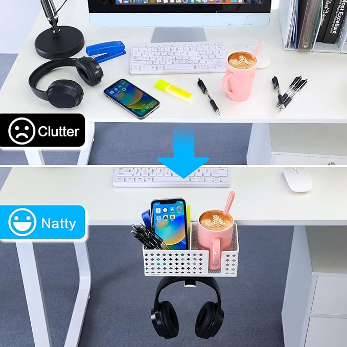 Desk Cup Holder, Clip on Cup Hook, Pen Holder Clamp Desk Organizer Pencil Holder Phone Holder Desk Storage for Office School Home (White)