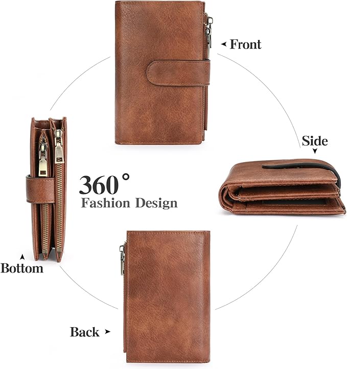 GOIACII Womens Wallets RFID Blocking Leather Trifold Clutch Wallet Credit Card Holder Ladies Purse 3 ID Windows Brown