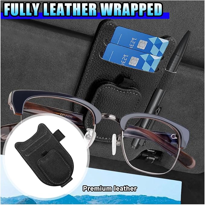 2PCS Sunglass Holder for Car Sun Visor, Magnetic Leather Vehicle Glasses Eyeglass Mount & Ticket Card Clip, Automotive Interior Visor Accessories, Universal for Sedan SUV Truck (Black)