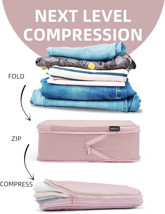 Compression Packing Cubes for Travel, 6-Piece Set (Large/Medium/Small), Double-Zip Luggage Organizers for Suitcase & Carry-On, Clothes Storage Bags (Dusty Pink, 6 Pack)