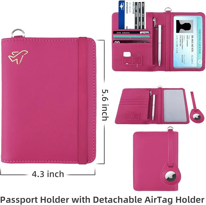 WALNEW AirTag Passport Holder, PU Leather Airtag Wallet RFID Blocking Passport Cover Travel Essentials Case for Women Men (Hot Pink)