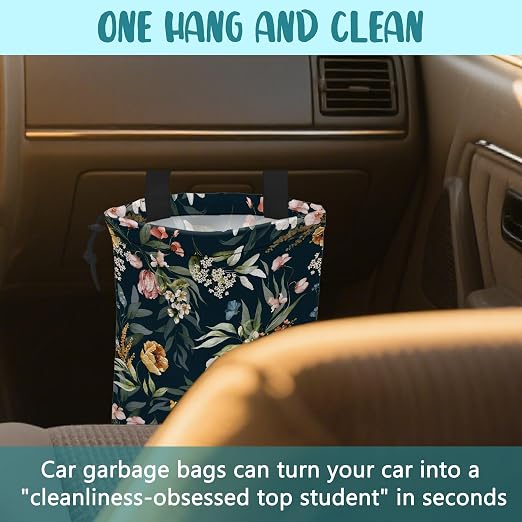 Car Garbage Bag Watercolor Floral Branches Hanging Canvas Car Trash Bag Waterproof Drawstring Car Back Seat Organizer for Car Back Front Seat Console with Adjustable Buckle