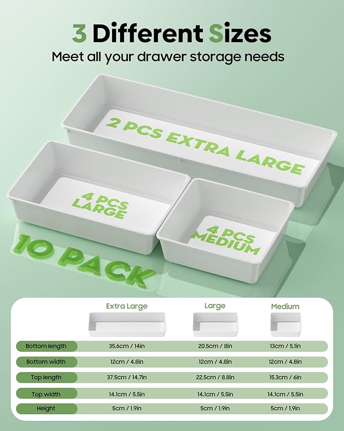 10 Pack Large Size Plastic Drawer Organizers Set, 3 Sizes Desk Drawer Organizer Trays, Storage Bins for Vanity, Makeup, Bathroom, Kitchen Utensils and Office (White)
