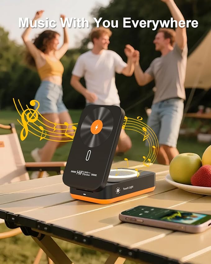 3 in 1 Magnetic Wireless Charger for iPhone,Foldable Charger Stand with Bluetooth Speaker & Sleep-Friendly Light, Wireless Charging Station for iPhone 17 16 15 14 13 12 Pro Max All Series