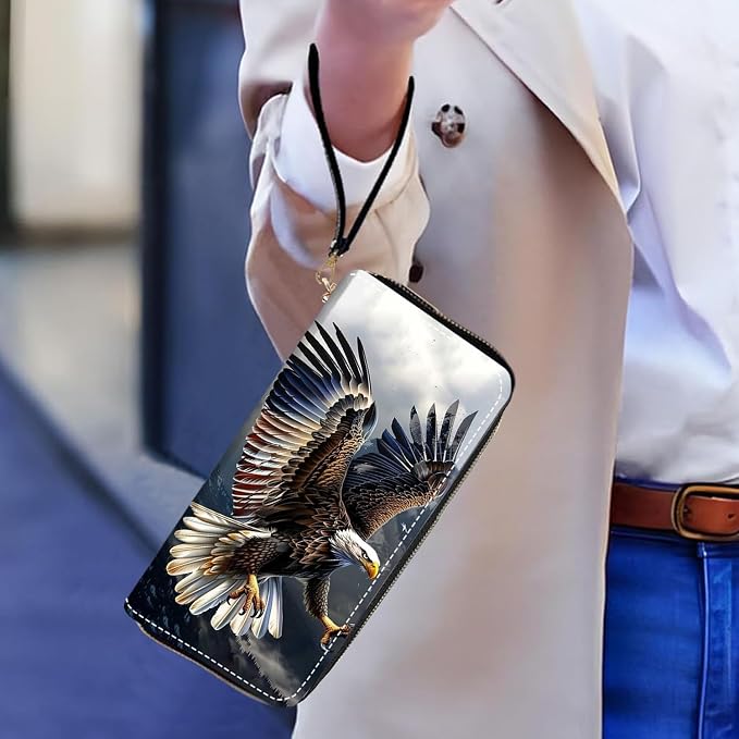 Women's Large Capacity Wallet PU Leather Zip Around Clutch Purse Multifunctional Wallet with Removable Wristlet Strap for Smart Phone/Coin/Card/Cash, Bald Eagle