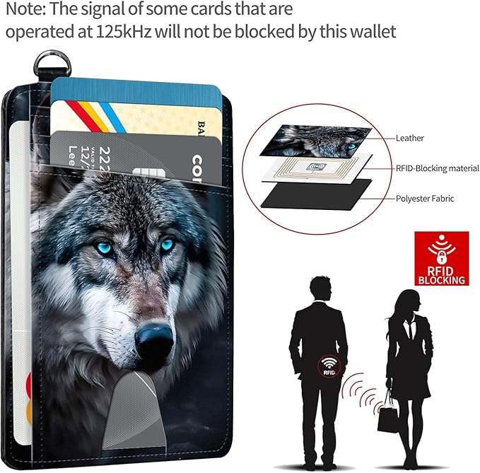 Slim RFID Blocking Card Holder Wallet with Wrist Strap - Minimalist Front Pocket Wallet, Wolf's Gaze Design, PU Leathe, for Men & Women, Ideal for Travel & Gifts