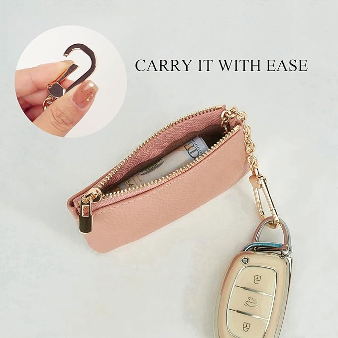 Full Grain Leather Coin Purse with Key Chain - Small Change Purse Keychain Card Holder Keychain Pouch Small Keychain Wallet for Women and Men (Pink)