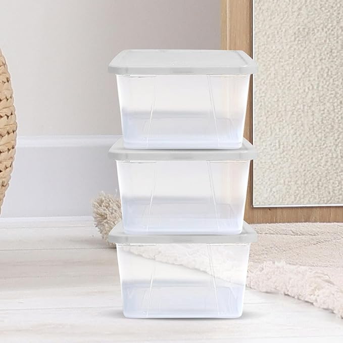 HOMZ 10-Pack Snaplock, Small Clear Plastic Storage Organizer Bins w/ Lids, 6 Quart, White - Stackable Container Boxes for Bedroom, Bathroom, Garage, and Office Organization