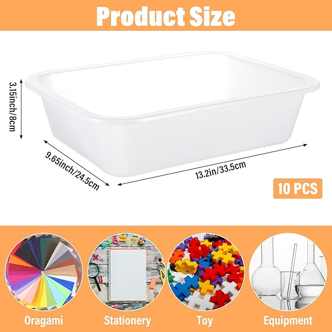 10 Pcs Flat Storage Organizer Trays, Plastic Letter Size Stackable Paper Tray File Book Organizer for Classroom Office, Arts and Crafts, 13.1x9.65x3.15 Inch, White