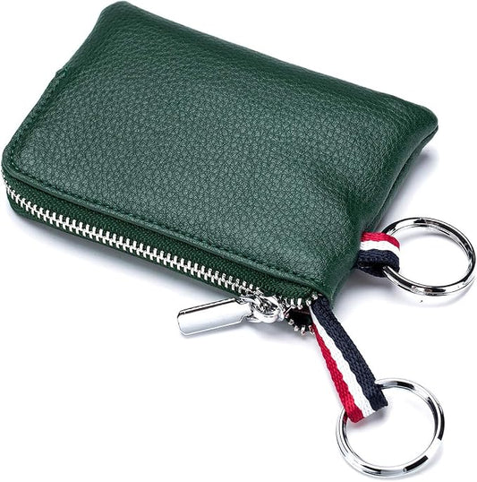 Leather Coin Purse, Change Purse for Men Women (Dark green, standard) | Mini Coin Pouch with Zipper & 2 Keyrings, Water-resistant Genuine Leather Wallet for Pocket, Daily,Gifts