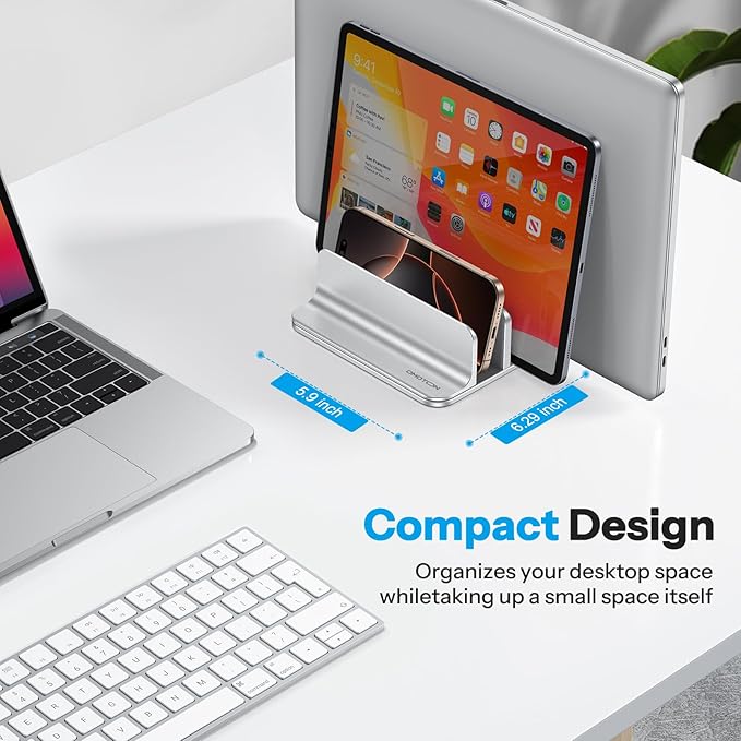 OMOTON Vertical Laptop Stand [Updated 3-Slots Version], Desktop Aluminum Mac Book Stand with Adjustable Dock Size, Fits All Mac Book, Chrome Book and Gaming Laptops (Up to 17.3 inch), Bright Silver