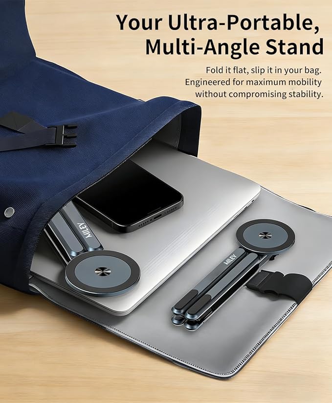 miley Portable Foldable Laptop Stand for Desk,Foldable Ergonomic,8-Level Height,with 13–17" Laptops,Aluminum Construction,Tripod Compatible,Portable with,Includes Storage Bag