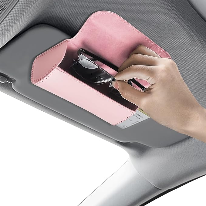Sunglasses Holder for Car Sun Visor, Leather Auto Eyeglasses Storage Case with Hidden Magnetic Closure, Universal Protective Glasses Organizer Box, Visor Accessories for Woman Man (Pink)