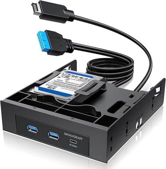 GRAUGEAR 5.25 Inch Internal USB Hub Front Panel – USB‑C 20Gbps + 2X USB‑A 5Gbps, Dual 2.5″ SSD/HDD Bays, Fits 5.25″ Bay, USB 3.2 A-Key 20-Pin & USB3.0 19‑Pin Headers, PC Case Desktop Expansion