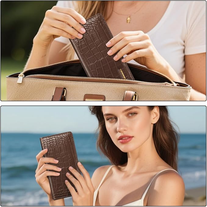 Wallet Women Bifold Faux Crocodile Leather Minimalist Slim Thin Long Wallets RFID Blocking Credit Cards Holder Purse with Back Zipper Coin Pocket for Women and Men,Coffee