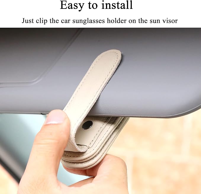 KIWEN 2 Packs Sunglasses Holders for Car Visor, Magnetic Leather Glasses Eyeglass Clip for Car, Ticket Card Clip Sunglasses Mount, Car Visor Accessories Gadgets (2, Beige)