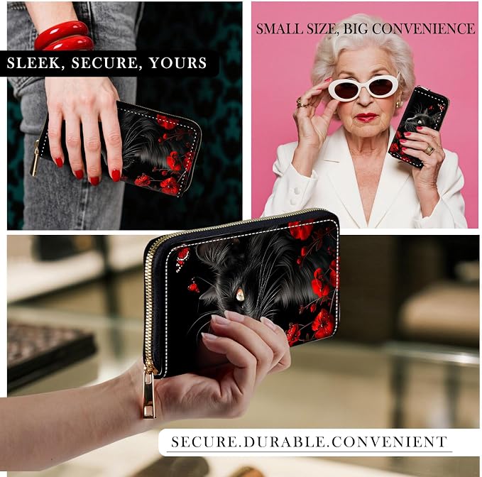 RFID-Blocking Zip Around Wallets for Women with Detachable Wrist Strap,Large Capacity Phone Holder with Card Organizer & Coin Pocket,Black Cat Flowers and Butterflies