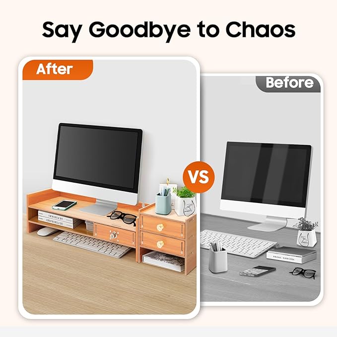 Wood Computer Monitor Stand, Computer Rack with Adjustable Desktop Storage Organizer and Drawer, Tabletop Monitor Stand for Computer Printer Cellphone