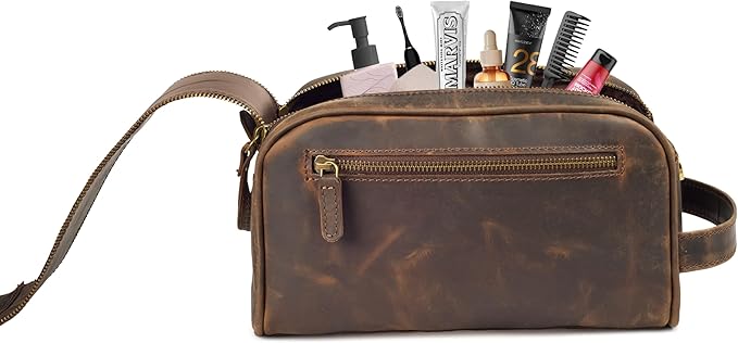 LEATHER VILLAGE Genuine Leather Toiletry Travel Bag With Waterproof Lining - Brown | King-Size Handcrafted Vintage Dopp Kit Bag, Shaving & Bathroom Organizer, Gift for Men & Women