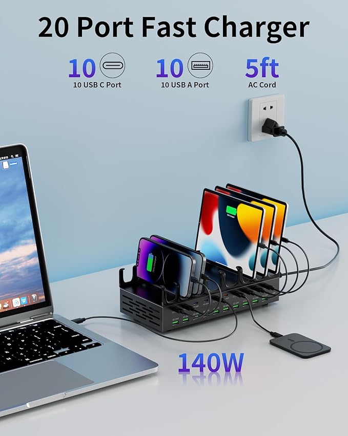 770W Charging Station for Multiple Devices, 20-Port USB C Fast Charging Station with Dual 140W PD PPS Port, Multi Device Fast Charger Dock for MacBook Pro Laptop, iPhone, iPad, Tablet, Cell Phone