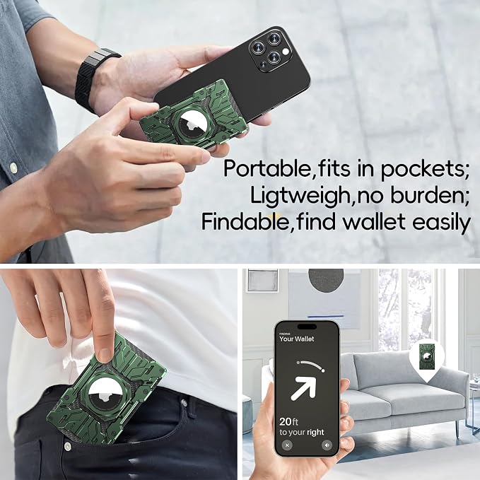 Minimalist Mens Wallet RFID Blocking - Slim Metal Wallet With Airtag Holder - Compact Credit Card Holder Mini Size, Metal, Carbon Fiber (Army Green)