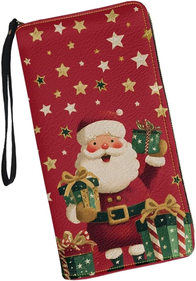 Bulopur Santa Claus Wallet for Women Christmas Gifts for Mom PU Leather Credit Card Holder Money Long Wallet with Wristlet Large Capacity Zip-Around Phone Purse for Ladies Girly