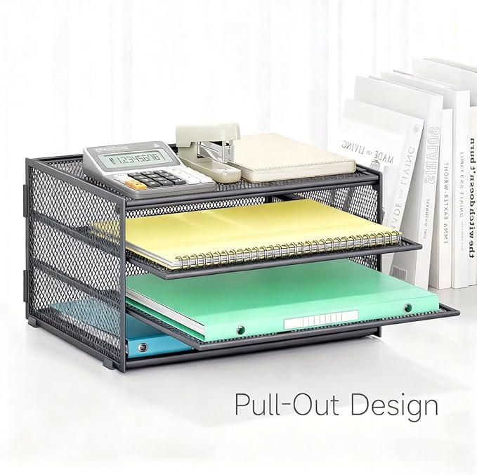 Lavatino 3-Tier Letter Tray Desk Organizer – Grey Mesh Metal Paper File Tray Organizer for Desk, Office Supplies & Home Organization | Fits A4/Letter Paper, Mail, Magazines and Office Accessories