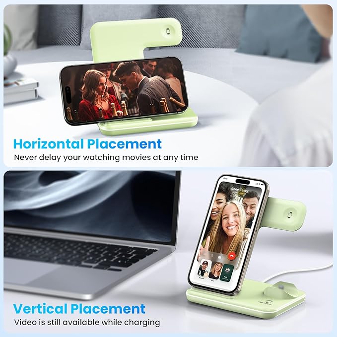 WAITIEE Wireless Charger 3 in 1, 15W Fast Charging Station for Apple Watch 9/8/Ultra 2/Ultra/SE/7/6/5/4/3/2, for AirPods 3/2/1/Pro/Pro 2, for iPhone 15/14/13 /Plus/Pro/Pro Max/12/11/X/Xr/XS/8 (Green)