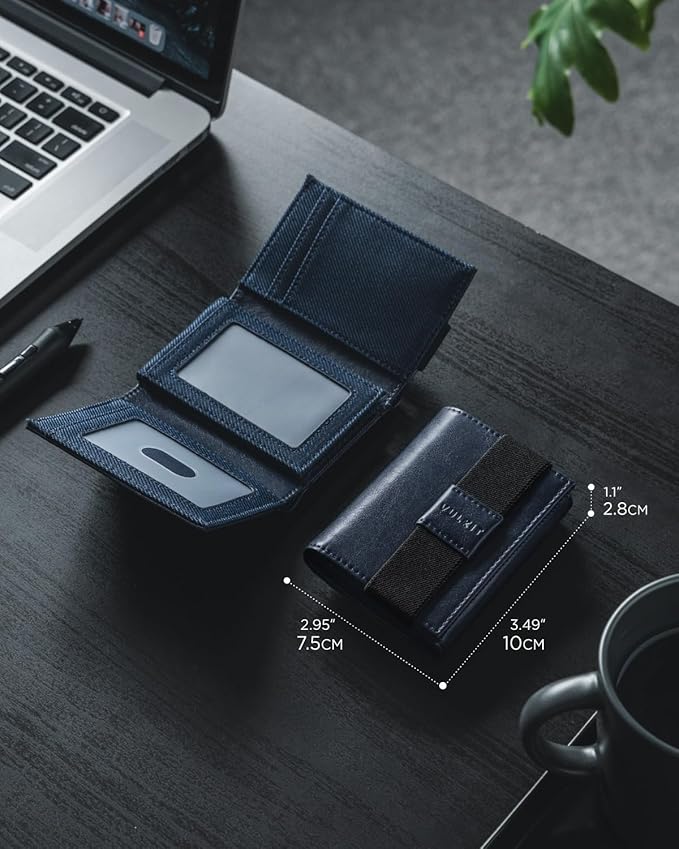 VULKIT Minimalist Leather Rfid Blocking Trifold Wallet with Elastic Band Credit Card Holder with 4 ID windows & Zipper Pocket for Men (Blue)
