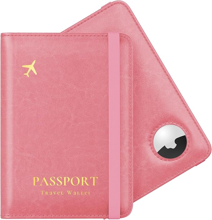 Stouchi AirTag Passport Holder, Cute Passport Holder with Airtag Slot, RFID Passport Wallet Cover for Women, Family Leather Passport Protector Case, Anti-Lost Travel Essentials, Pink
