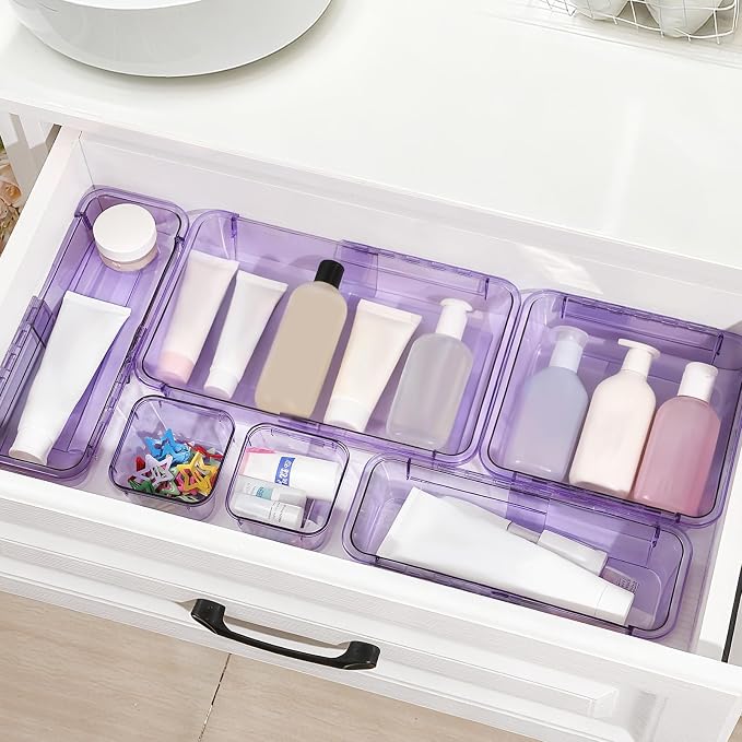 20 Pcs Adjustable Clear Drawer Organizer, Extendable Vanity Storage Bins, Desk Drawer Organizer Set for Makeup, Cosmetics, Bedroom, and Gadgets, Purple