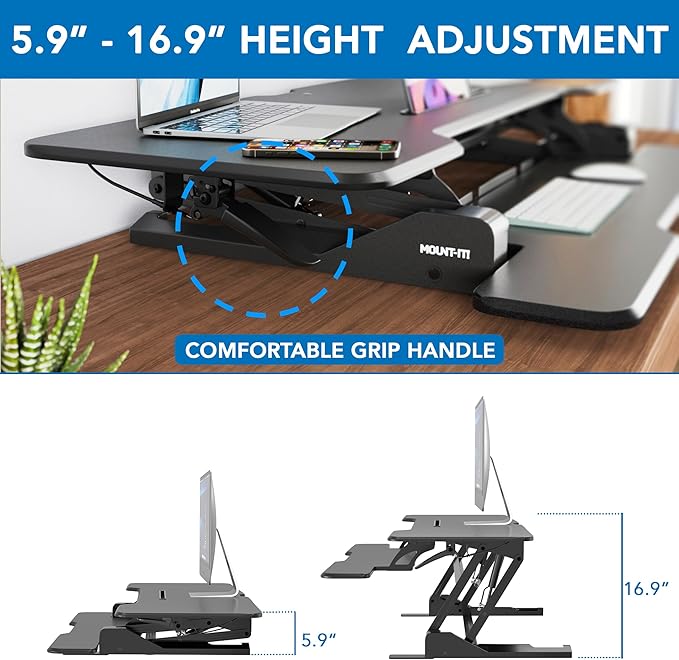 Mount-It! 47" Standing Desk Converter, XL Desktop Sit-Stand Desk Riser with Gas Spring Height Adjustment, Wide Desk Topper for Dual Monitors or Monitor & Laptop, Keyboard Tray, Black