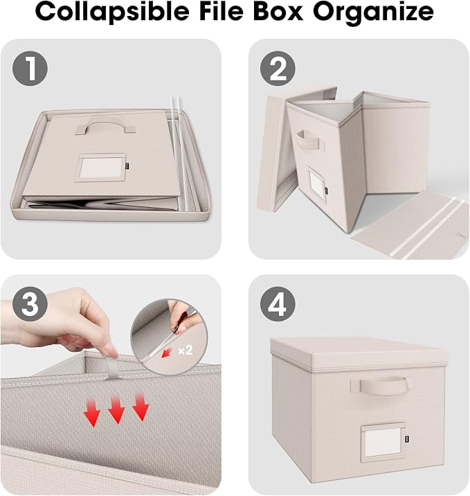 File Organizer Box with Lid, Linen Hanging File Storage Box with Handle, Collapsible Document Filling Box for Letter/Legal Folder, Portable File Box for Office/Decor/Home (1 Pack, Ivory)