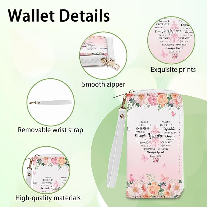 Christian Inspirational Wallet for Women - Slim PU Leather Womens Wallet with Scripture Verses, Zipper Coin Purse, Small Card Holder Wallet, Wristlet Wallets for Church Ladies (Faith-Based Gift)