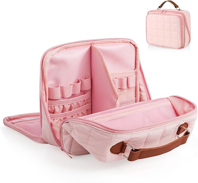 MOKURA Travel Makeup Bag for Women, Large Capacity Standing Make up Pouch, Quilted Waterproof Cosmetic Organizer with Jewelry Compartments, Portable Toiletry Case, Gifts for Women, Pink