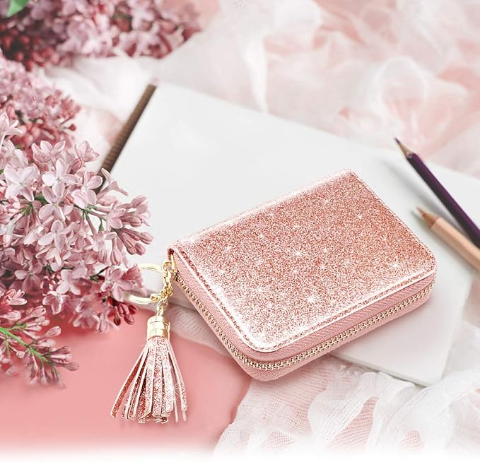 Coco Rossi Women Small Credit Card Wallet RFID Glitter Bling Cute Accordion Card Holder with Zipper Pink