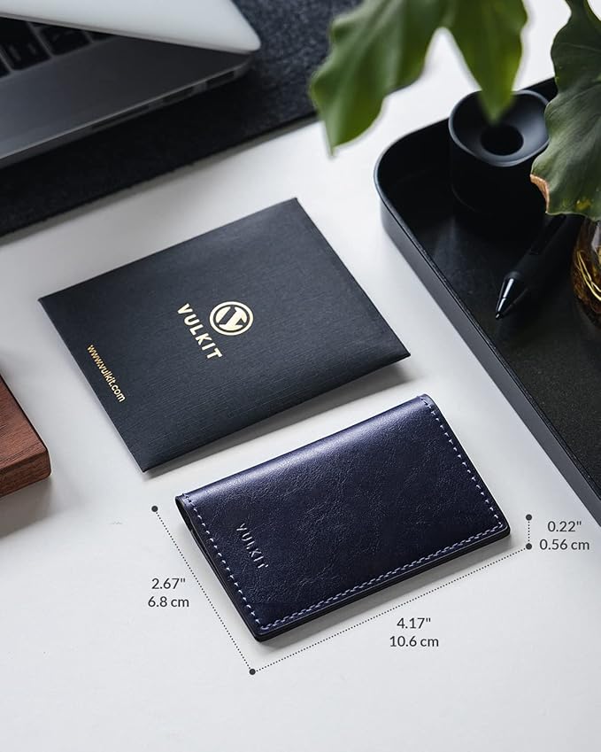 VULKIT Leather Business Card Holder 2 Sided Slim Business Name Card Organizer for Men or Women, Up to hold 20 cards (Vintage Navy)
