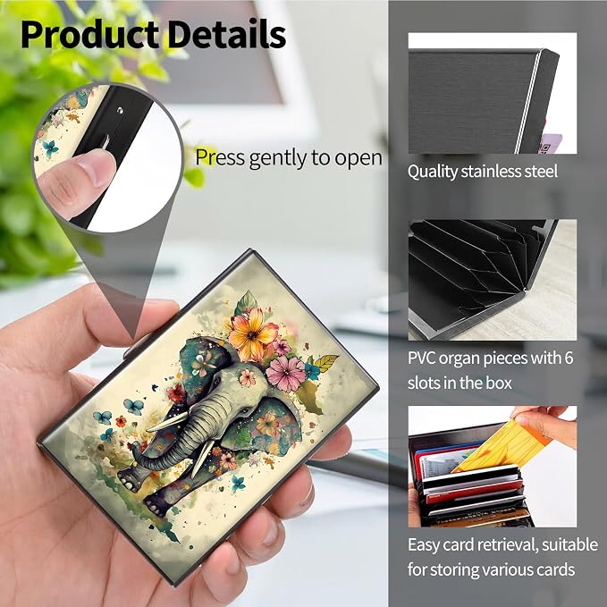 Metal Wallet, Credit Card Holder for Women Men Girls, RFID Blocking Aluminum Wallet Slim Hard Case, Mini Travel Wallet, ID Card Holder Business Card Case,Elephant Flowers