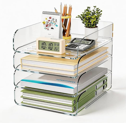HIYOHIYO Clear Office Desktop Organization for A4 Letter Paper, 4-Tier | Vertical Style, Stackable, Large Capacity, Sturdy Office Organizer for File Folder, Stable Home Desk Holder and Storage