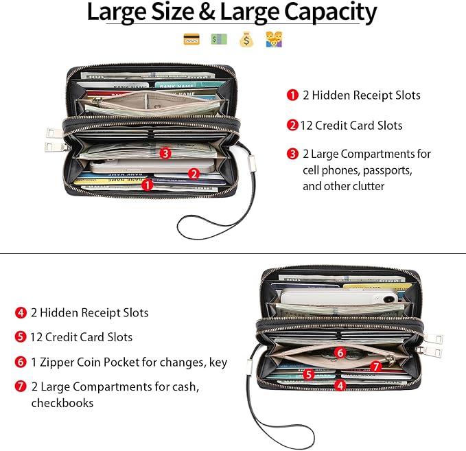 GAEKEAO Wallet for Women Clutch RFID Blocking Wristlet Leather Purse Large Capacity Credit Card Holder with Grip Hand Strap